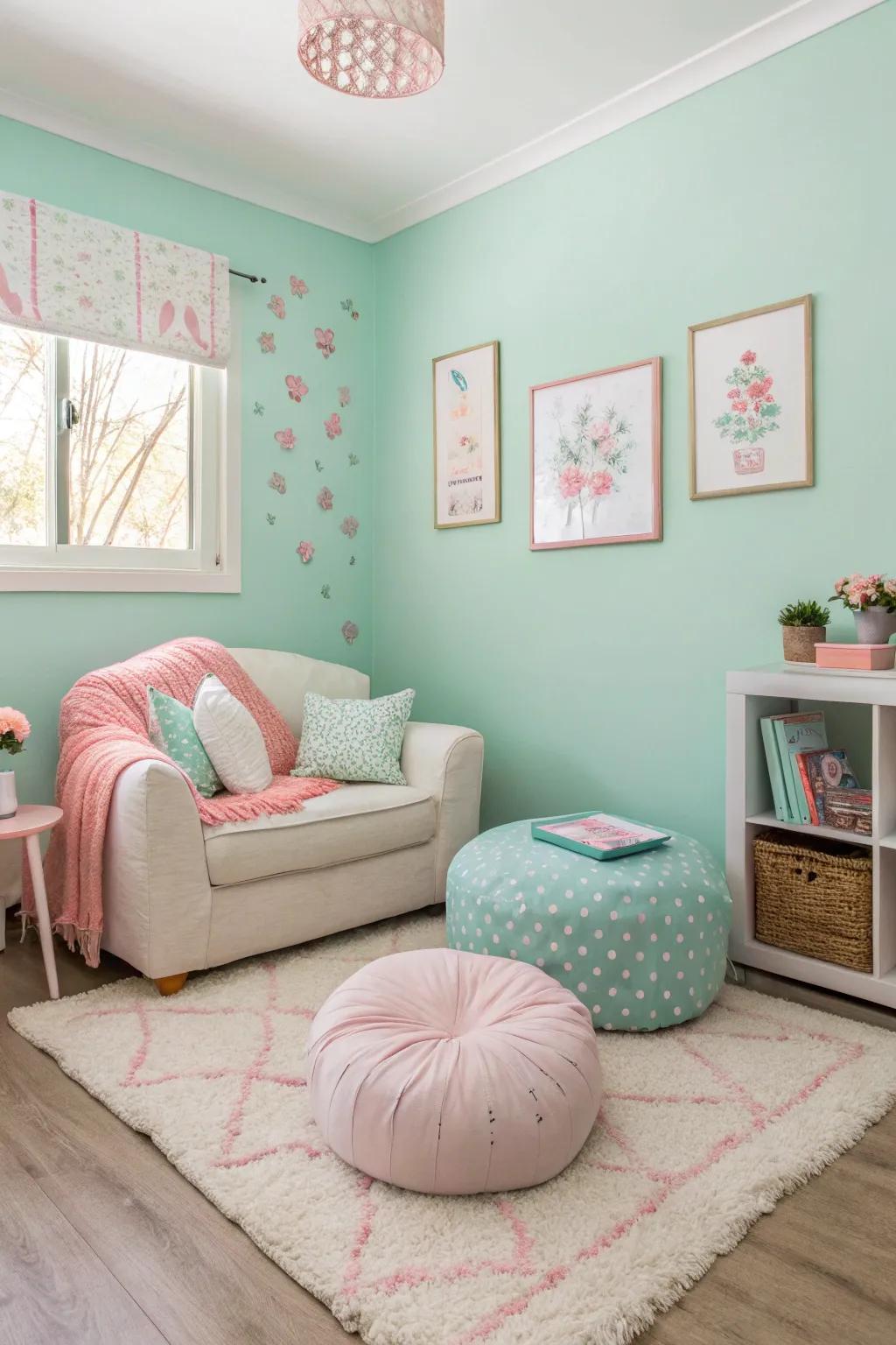 A compact living area showcasing cool mint walls and pastel detailing.