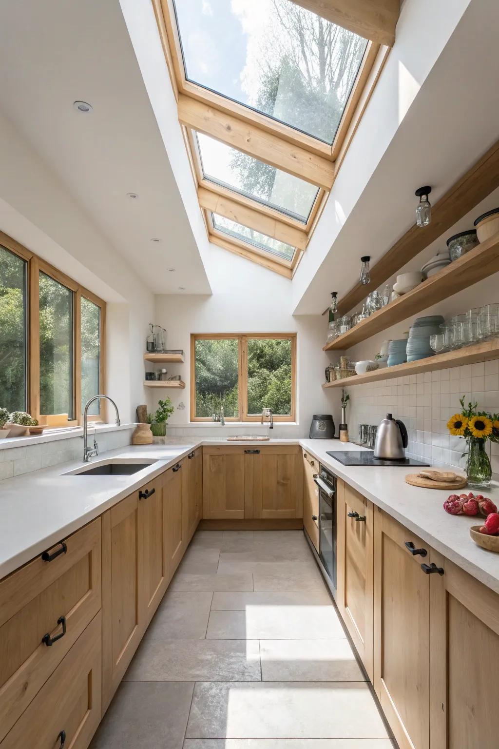 Roof windows brighten compact cooking areas and enhance their spaciousness.