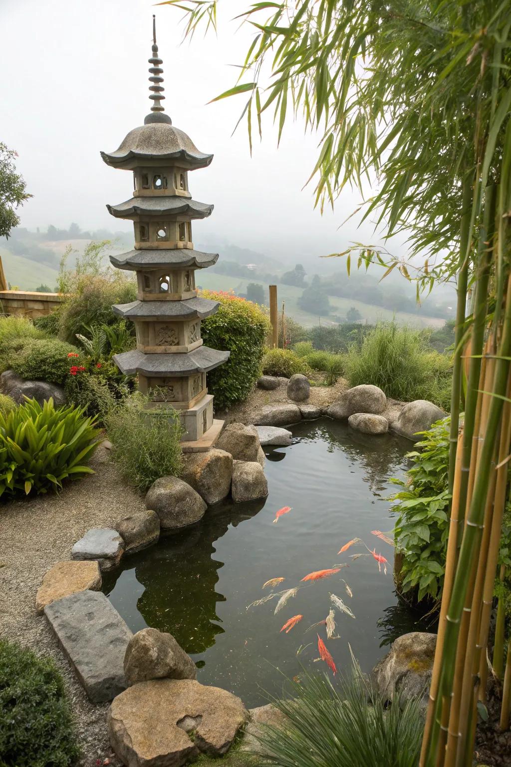 A tranquil Japanese-inspired koi pond with zen elements.