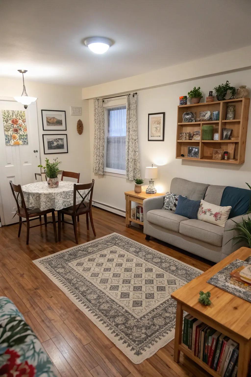 A rug creating defined zones within a small, shared living space.