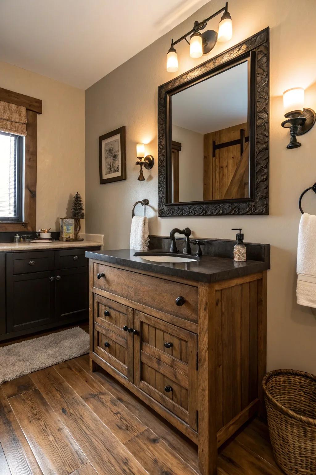 Sleek fittings bring a modern element to a rustic bathroom.