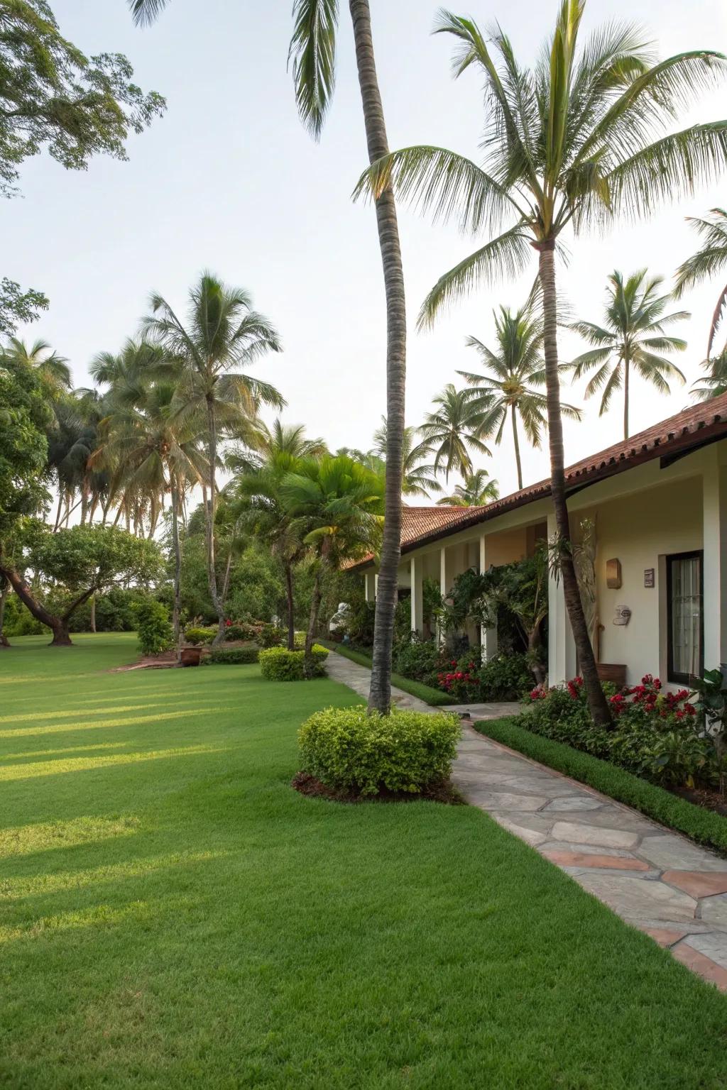 An expansive lawn with palm accents offers an ideal mix of openness and lushness.