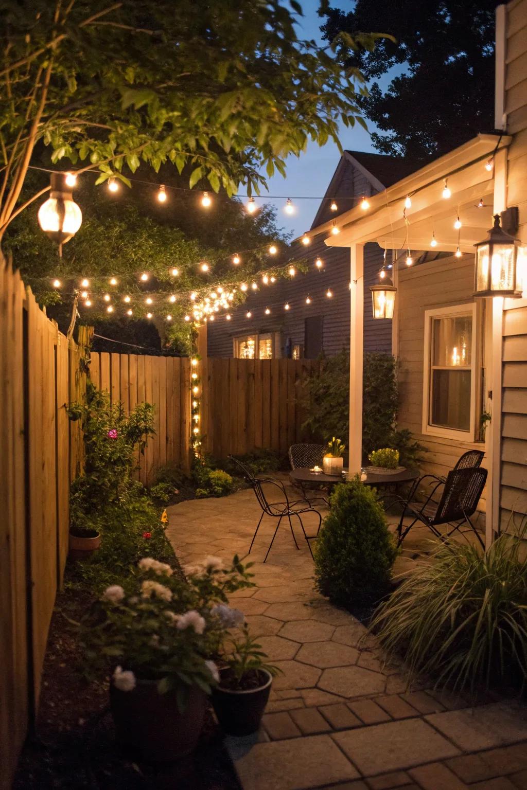 String lights add a magical touch to an evening patio.