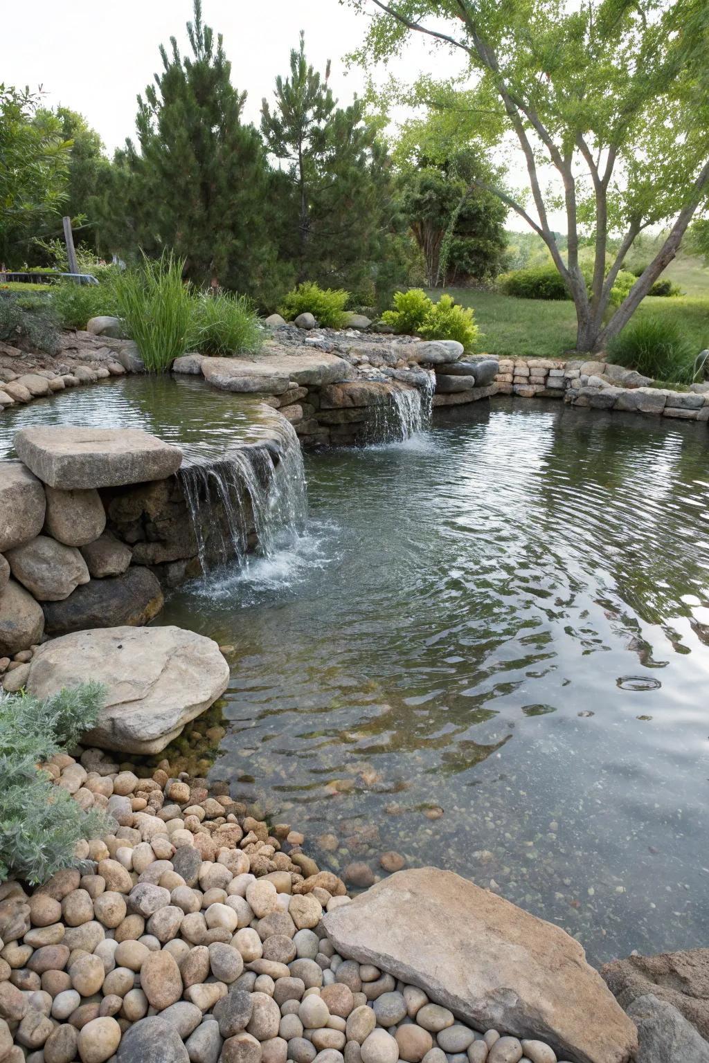 A mini waterfall adds soothing sounds and movement to a quaint pond.