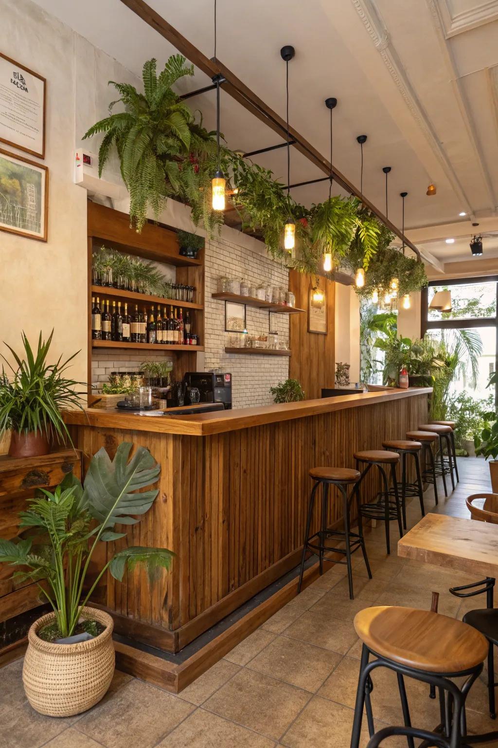 Natural components such as wood features and vegetation introduce warmth into a tiny restaurant bar.