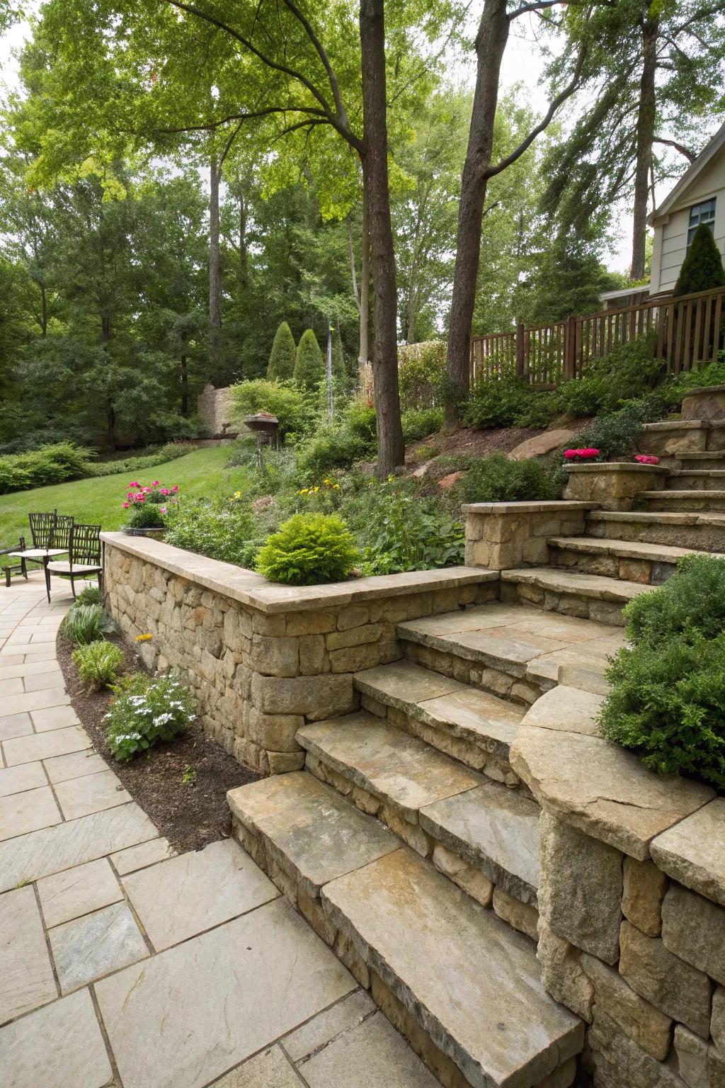 Integrated steps enhance both utility and beauty in retaining walls.