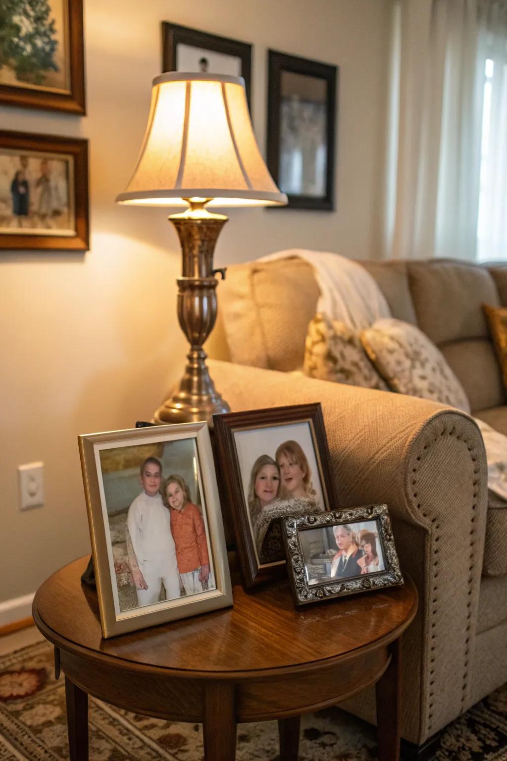 Cherished photos in elegant frames adorn an accent table.