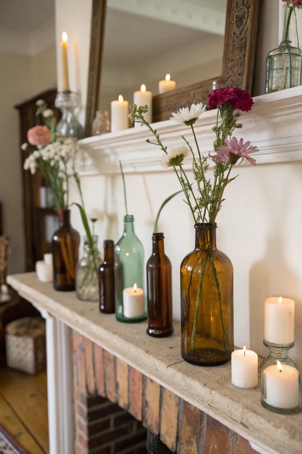Repurposed drink containers contribute charm and individuality to any floral showcase.