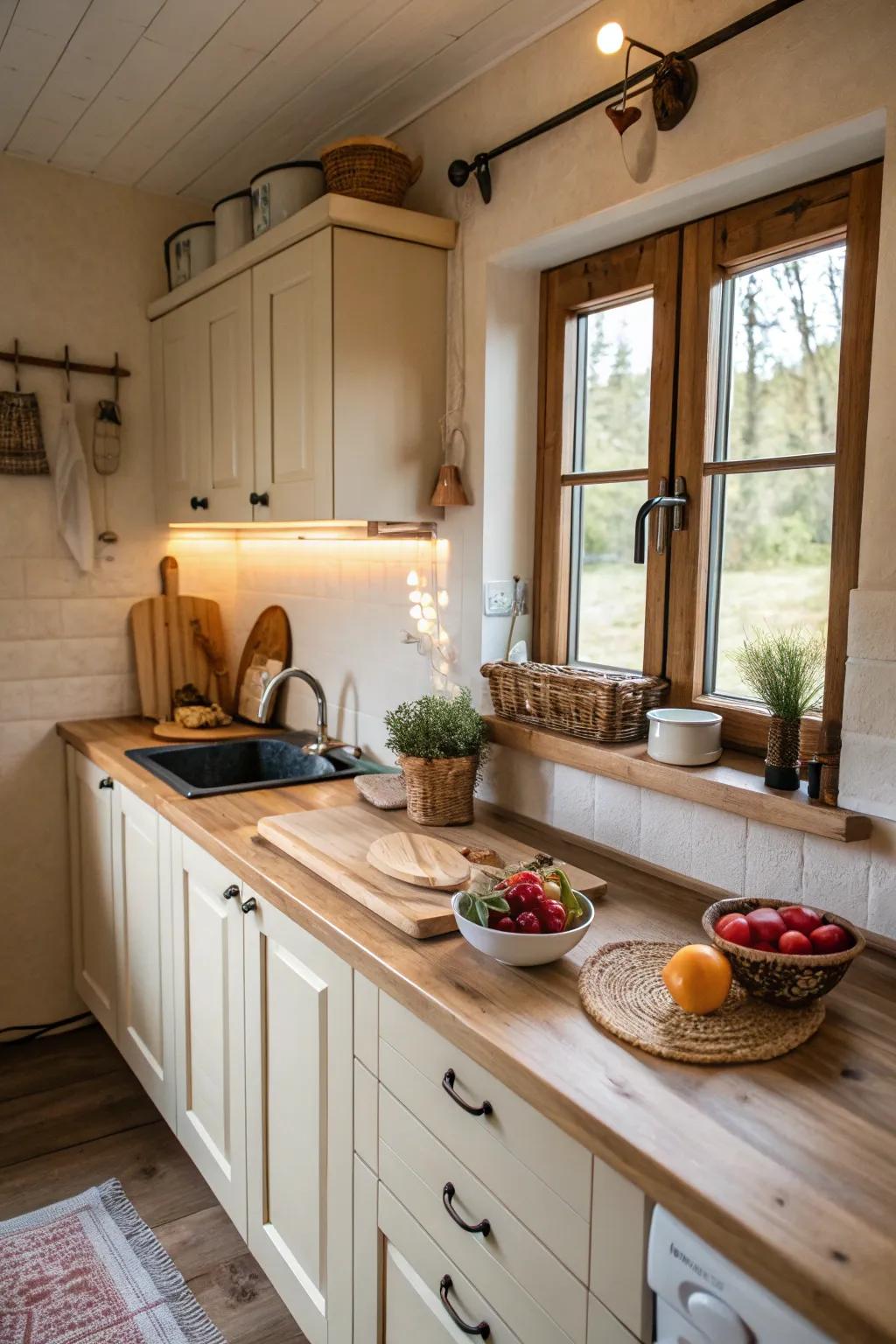 Timber worktops infuse warmth into a petite cooking space.