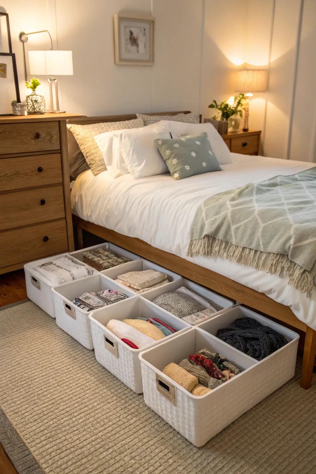 Storage containers arranged neatly beneath a bed in a stylish bedroom.