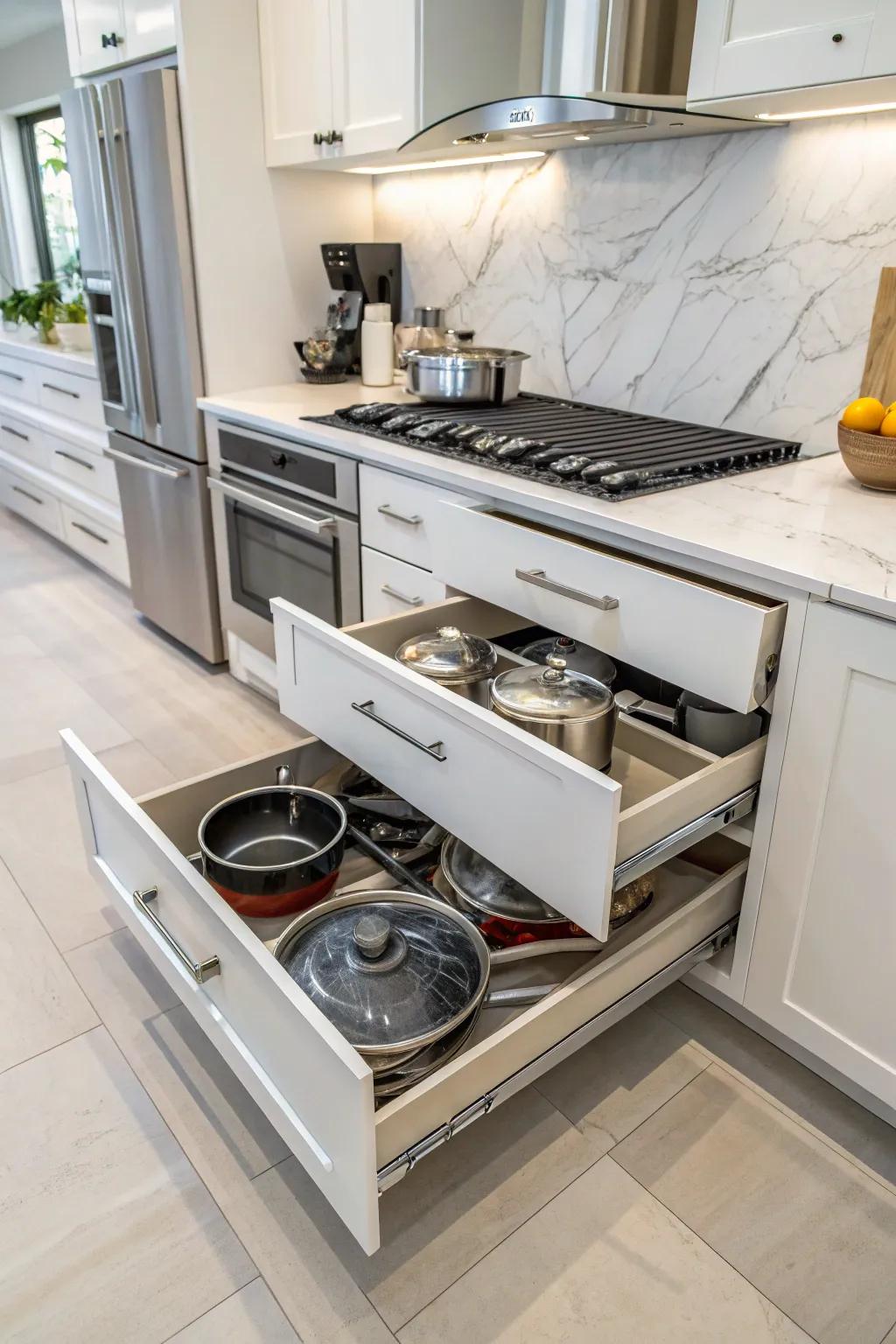 Pull-out drawers keep kitchen essentials organized.