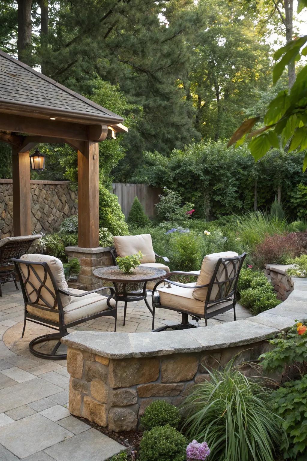 A cozy seating area on a stone base, ideal for relaxation.