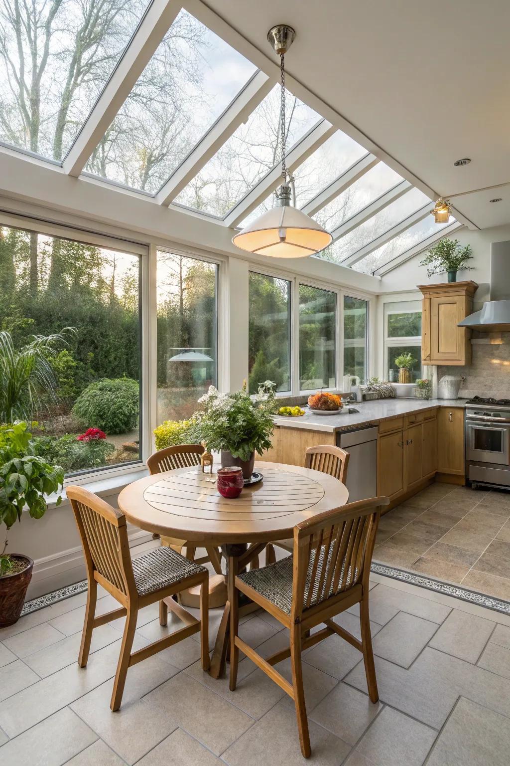 A dining nook elevates the sunroom's functionality.