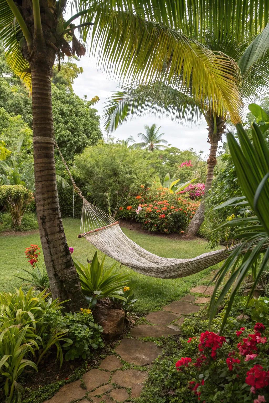 A hammock nestled among greenery provides the ideal spot to unwind.