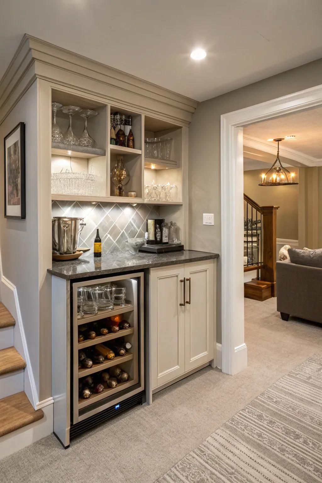 An elegant mini bar can transform your basement into the perfect entertaining space.