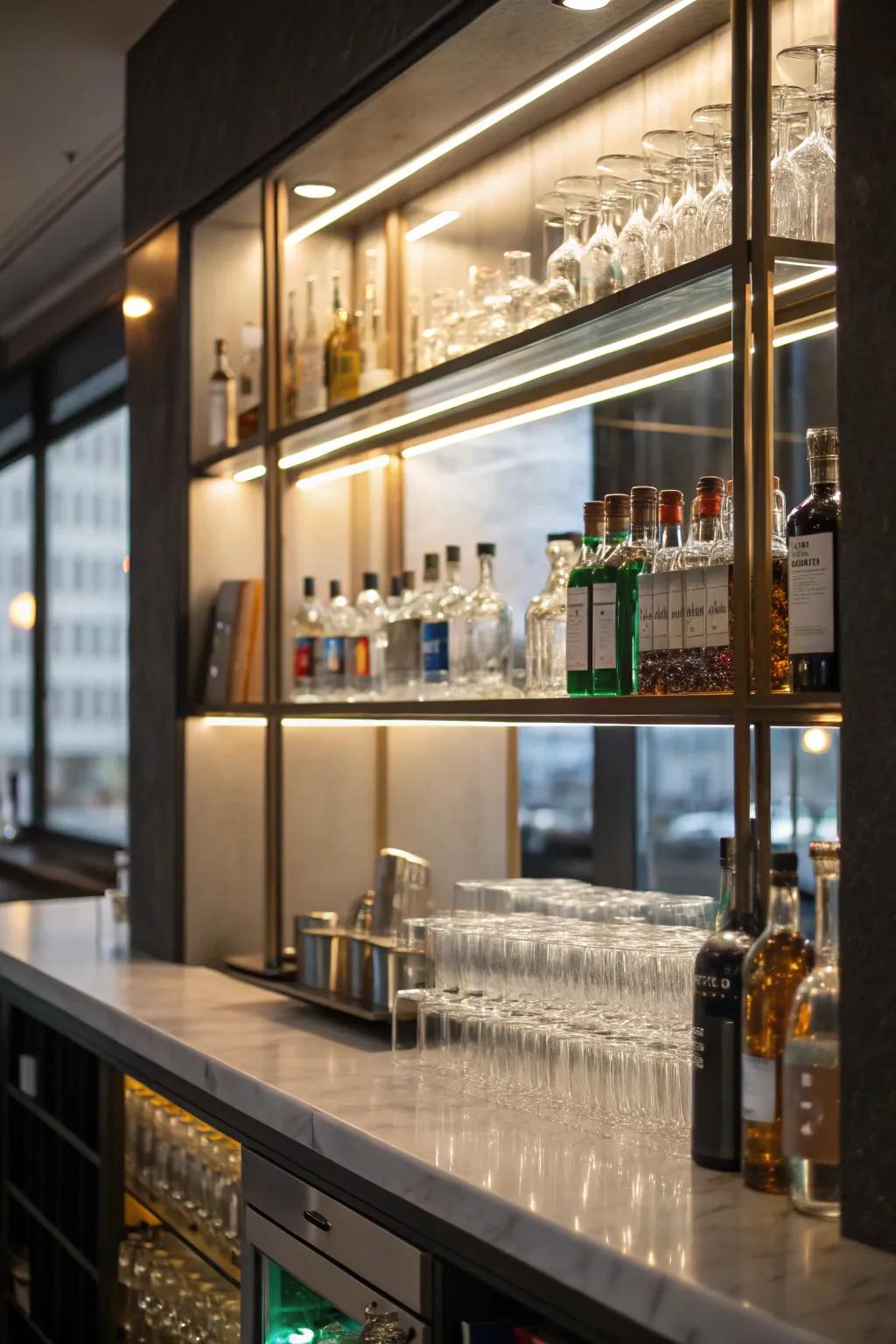 Open shelves in a small wet bar highlighting glassware and bottles.