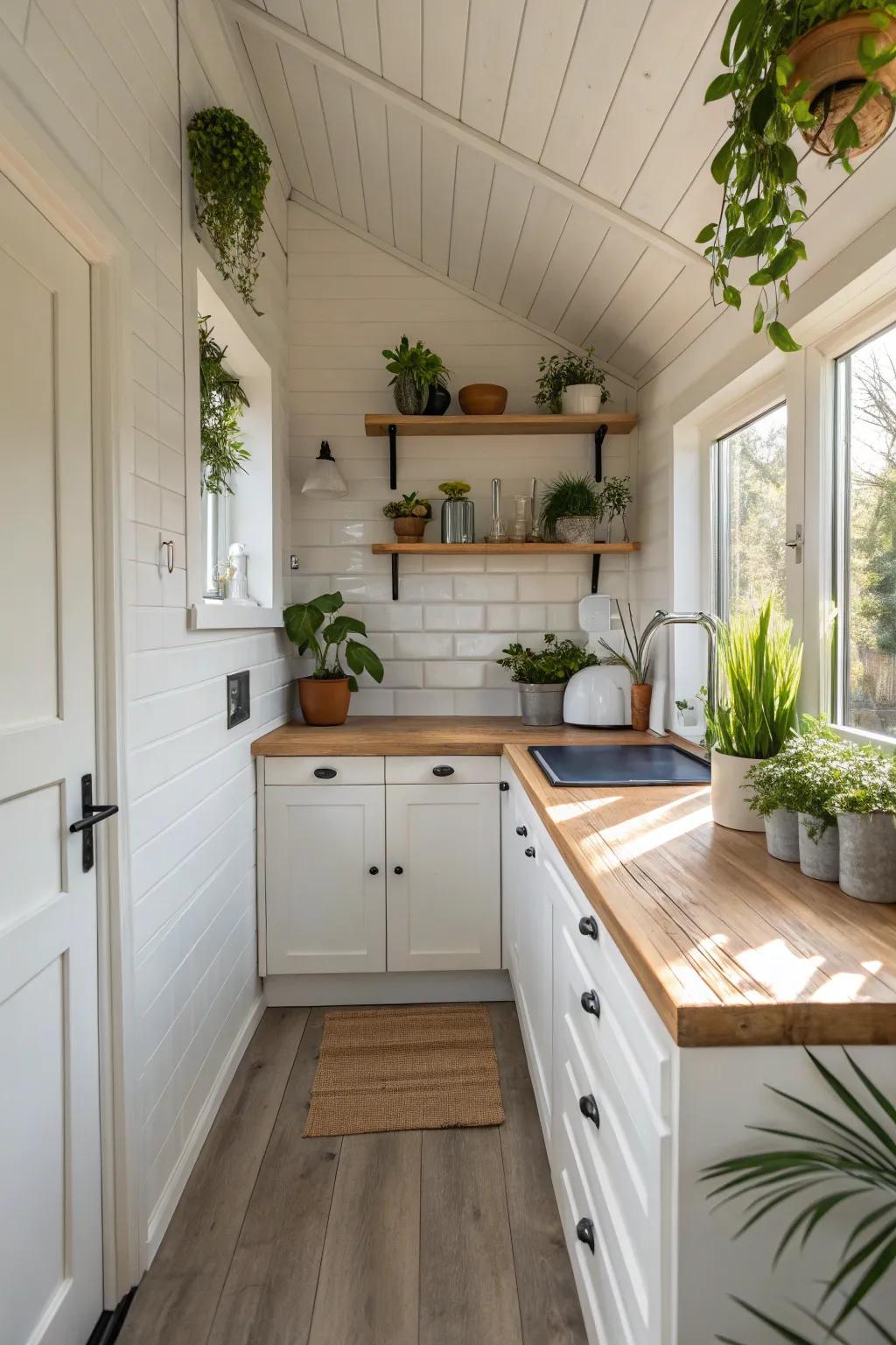 Organic components infuse a white kitchen with warmth.