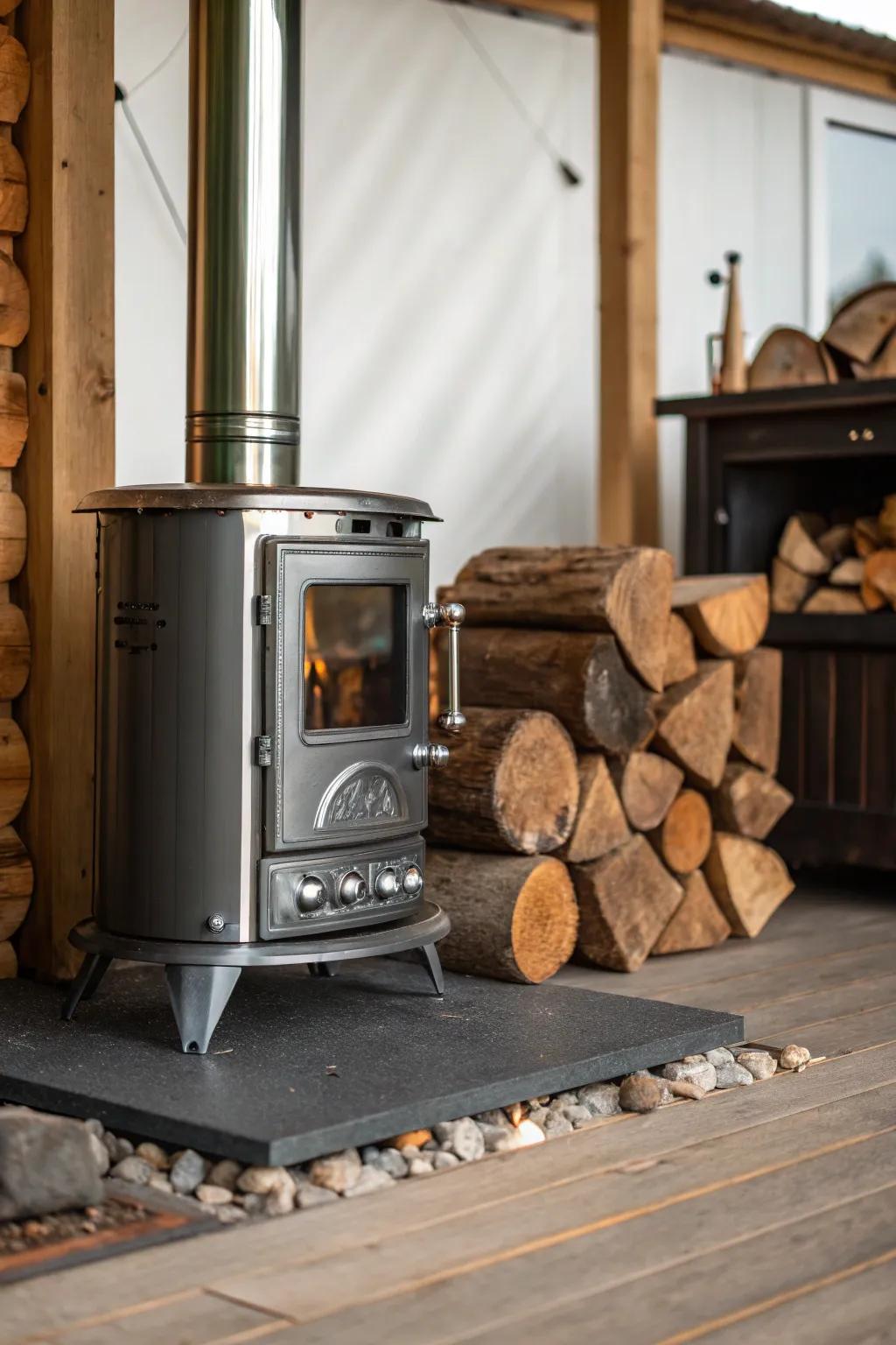 A seamless mix of modern and countryside styles with a sleek wood burner and wooden accents.