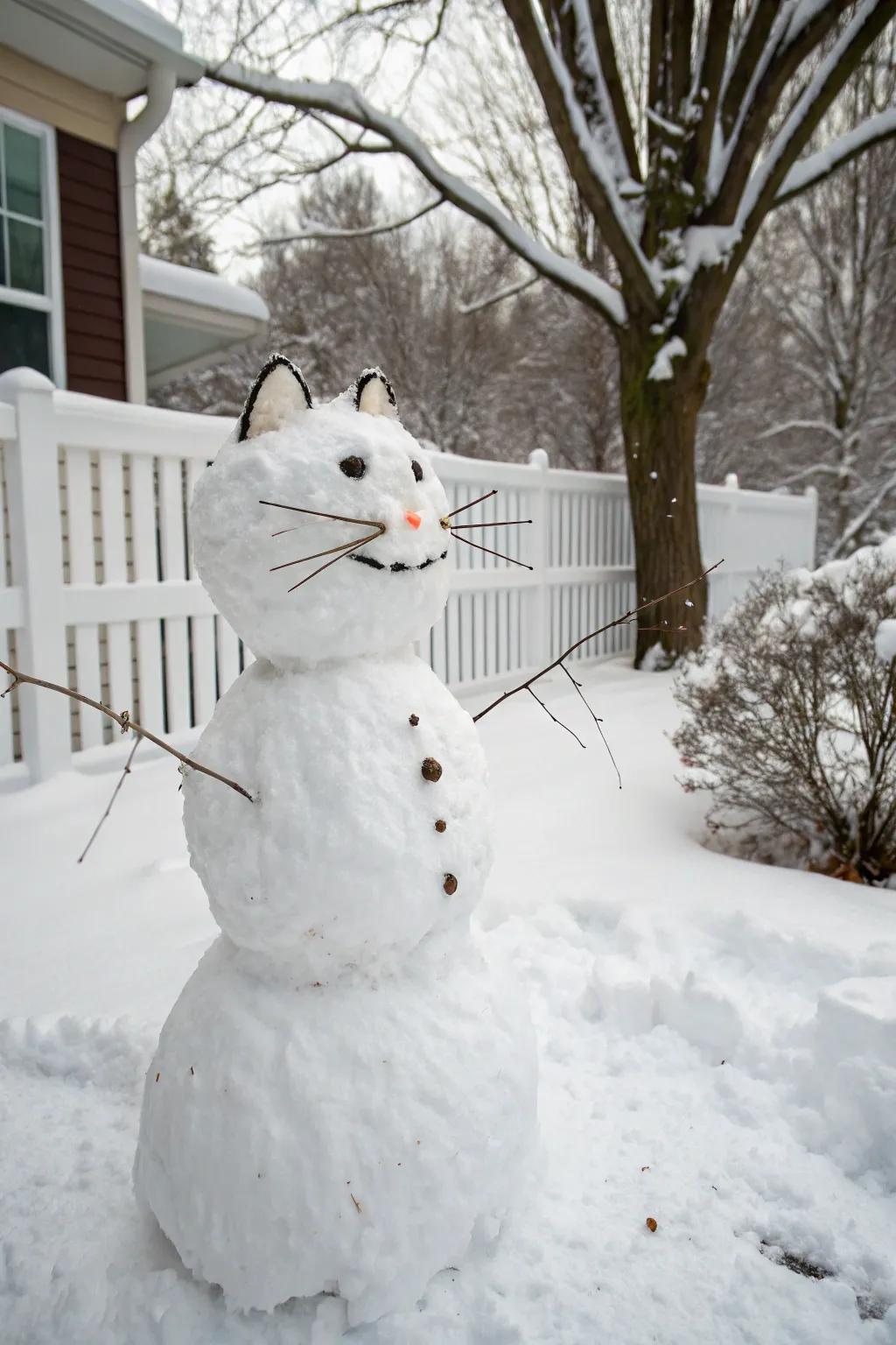 An imaginative snow cat with playful twig whiskers.