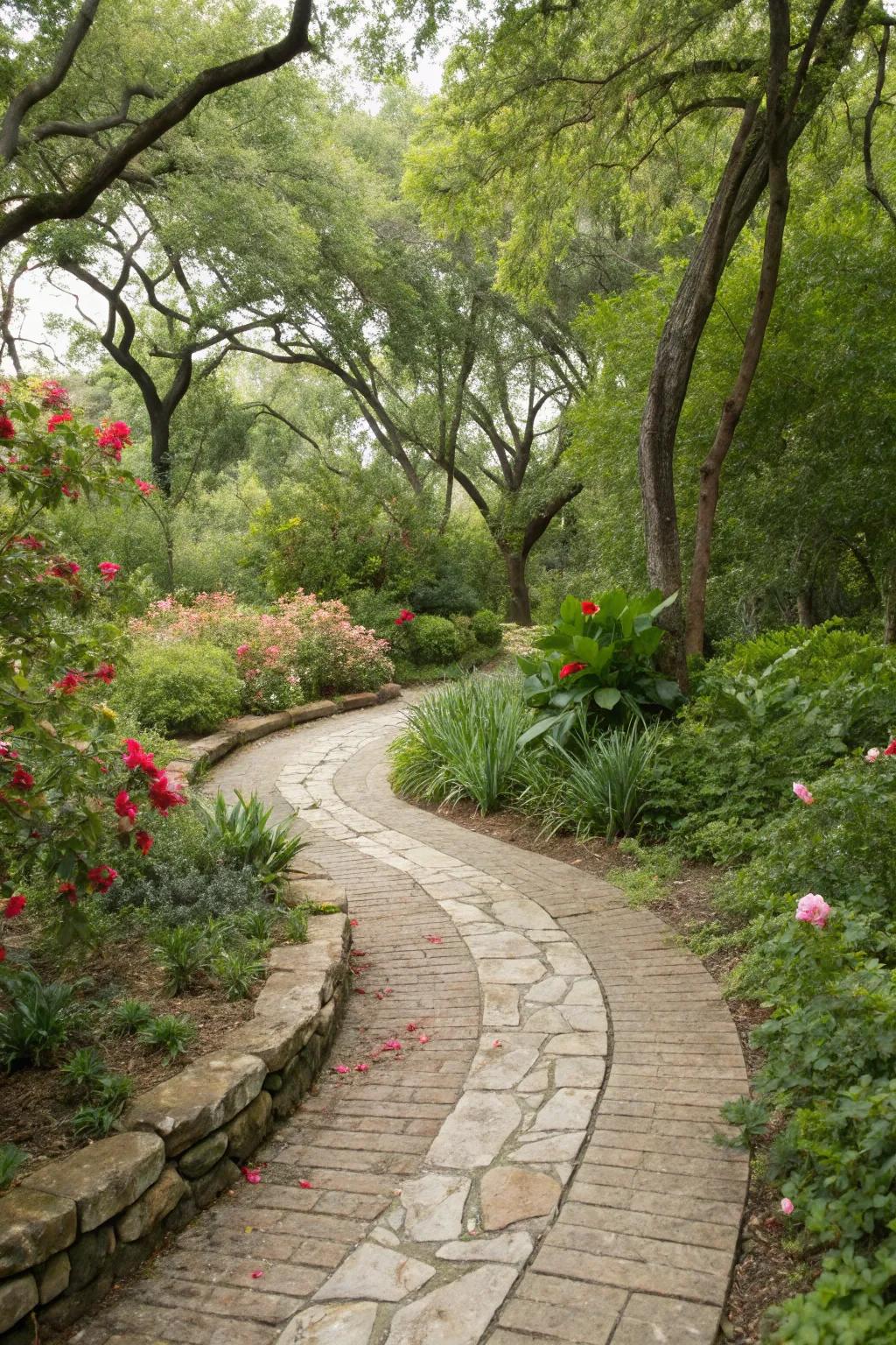 A lovely curved stone path in a vibrant garden setting.