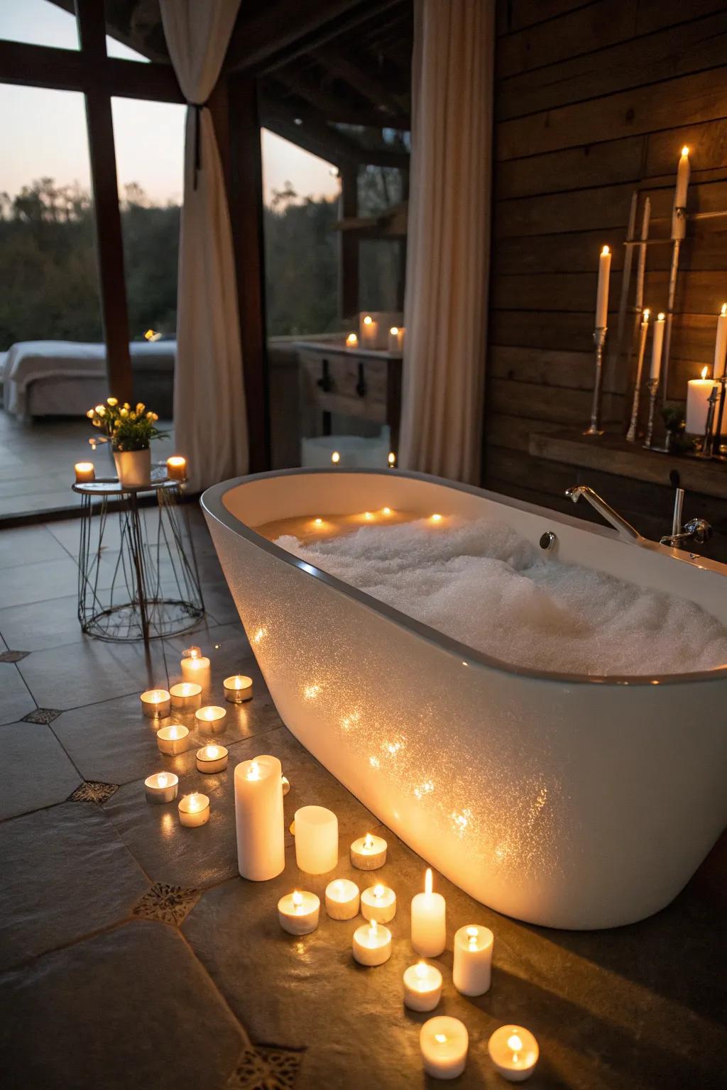 Indulge in a luxurious bath surrounded by soothing candles.