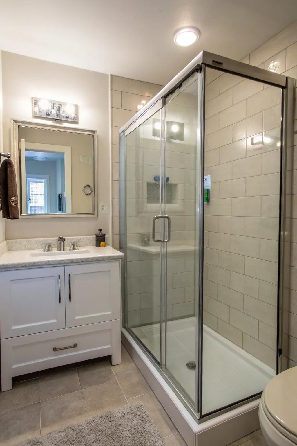 Fancy walk-in shower saving space in a small bathroom.