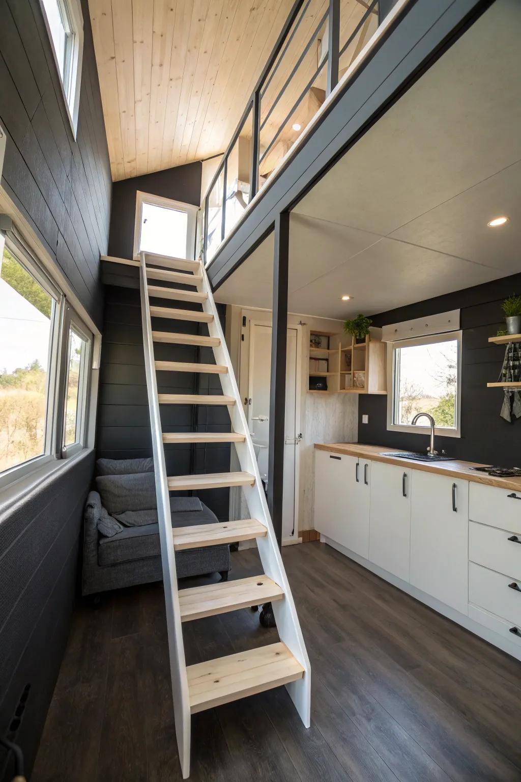 Alternating tread stairs providing a compact option for loft spaces.