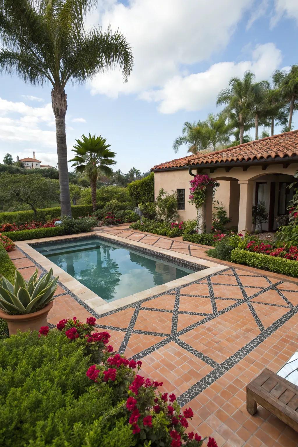 An angular pool layout introduces contemporary style to this classic Spanish setting.