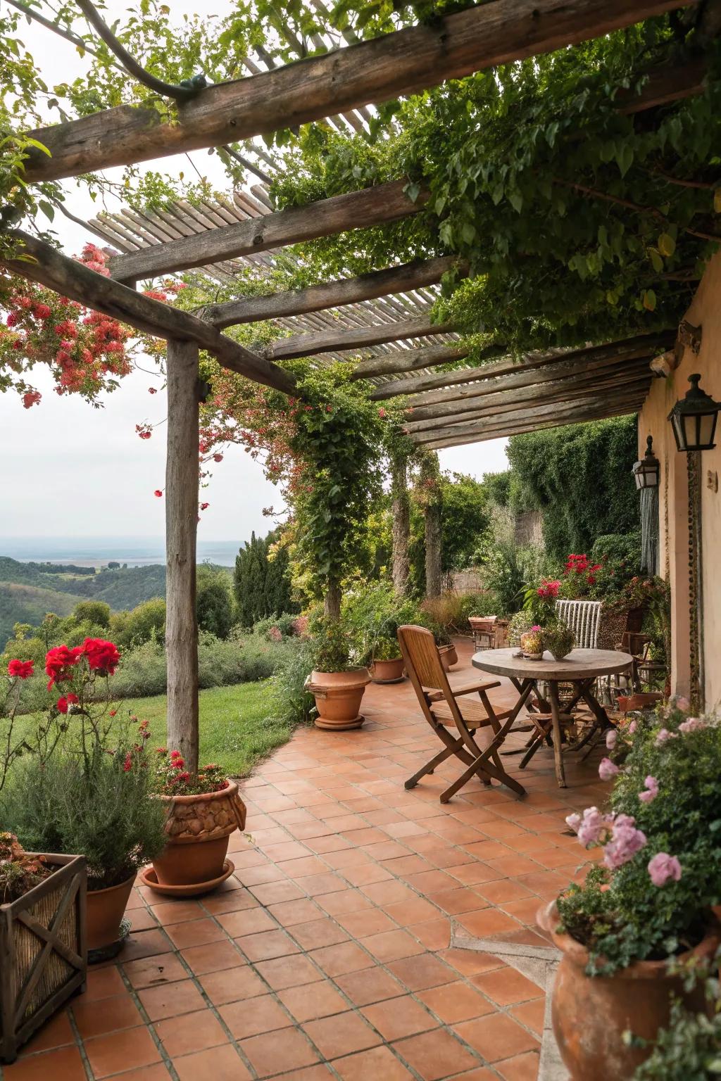 Terracotta tiles give the pergola a cozy Mediterranean vibe.