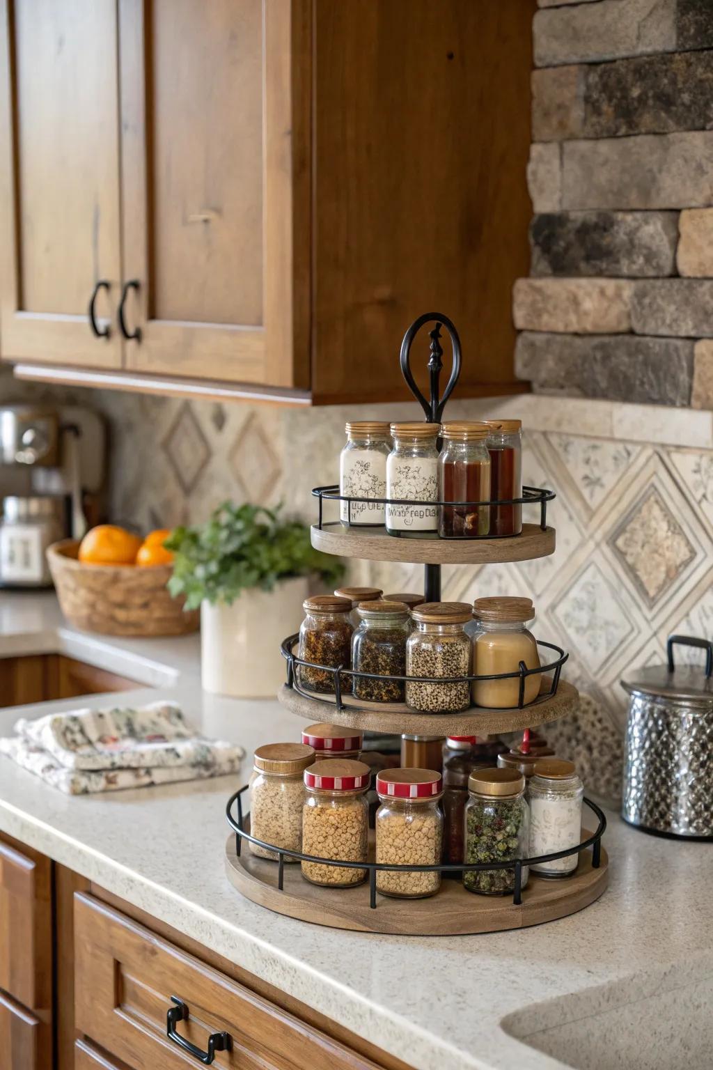 Efficient tiered shelves designated for spice storage.