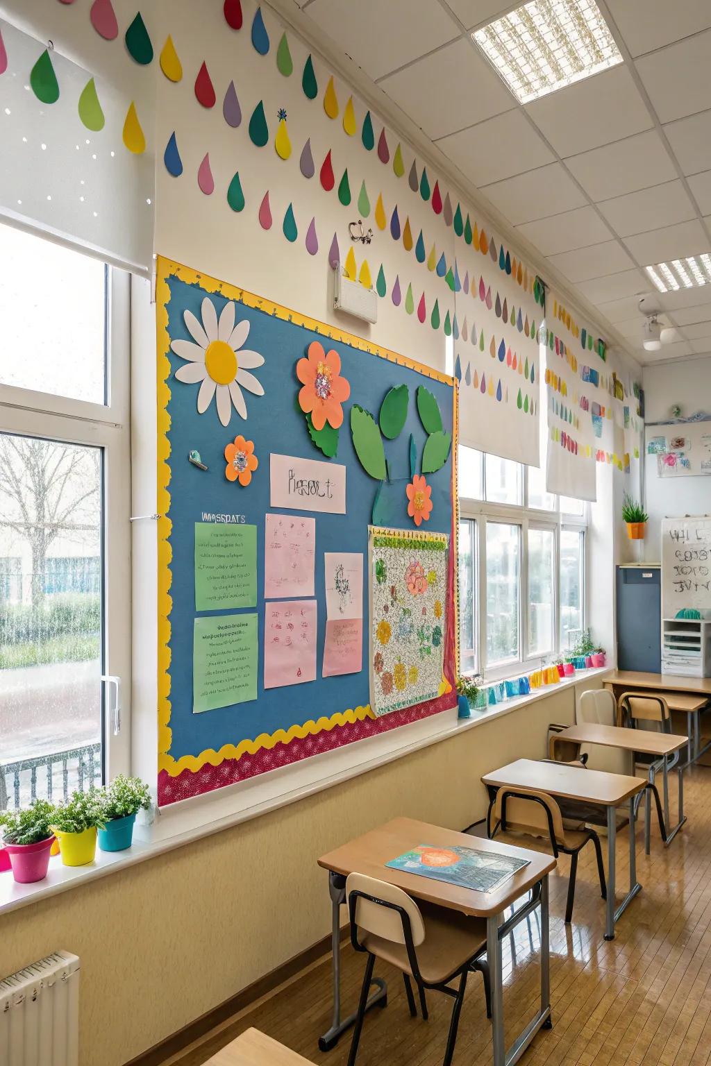 April showers and May flowers come to life on this bulletin board.