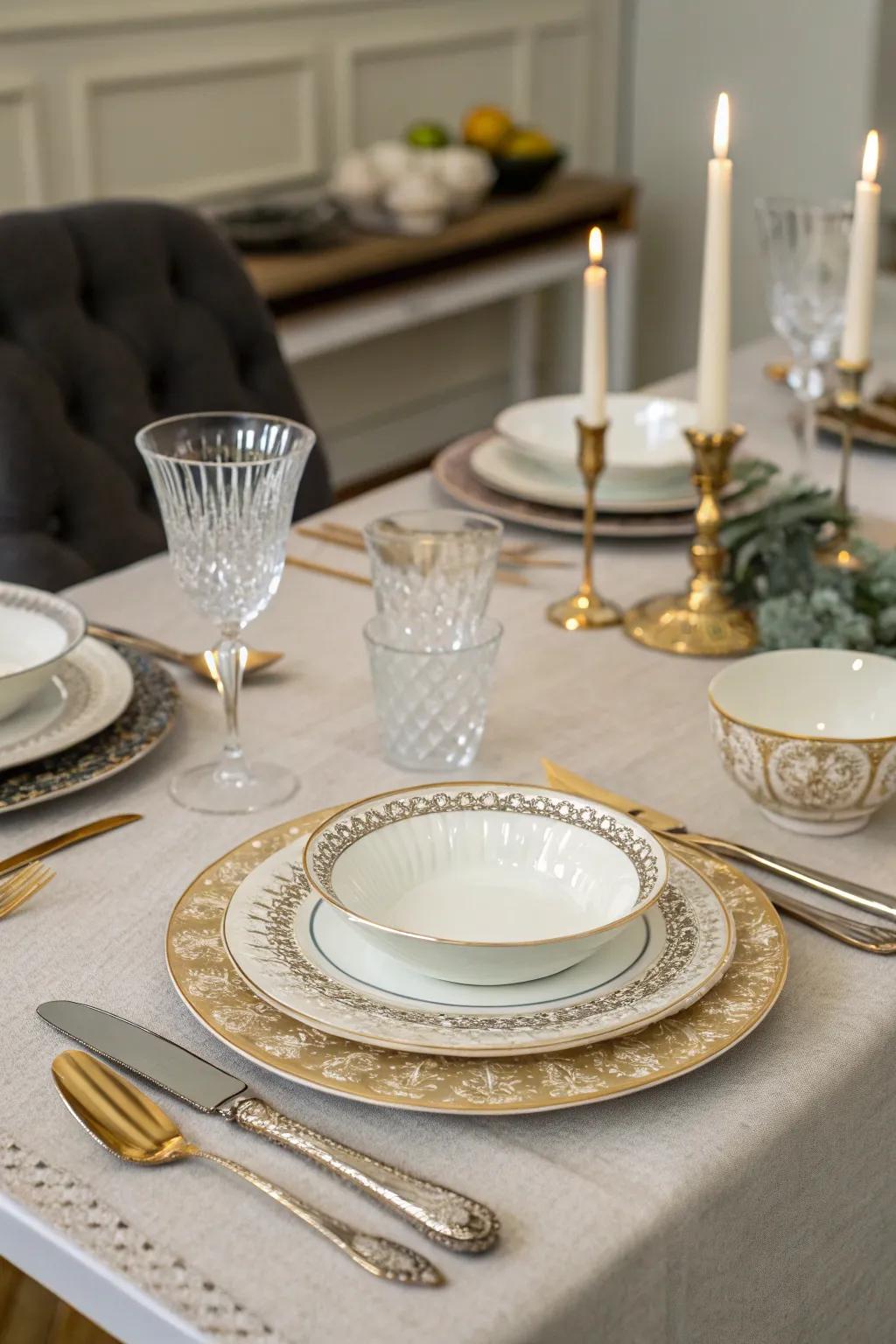 A mix of both vintage and contemporary serveware generates a sophisticated appearance.