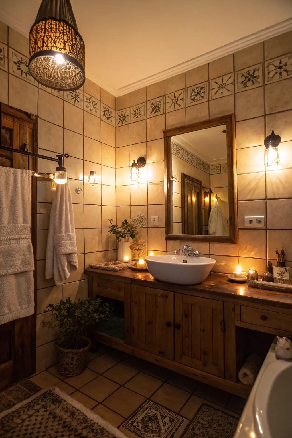 Dimmable lights create a customizable and serene atmosphere in the bathroom.