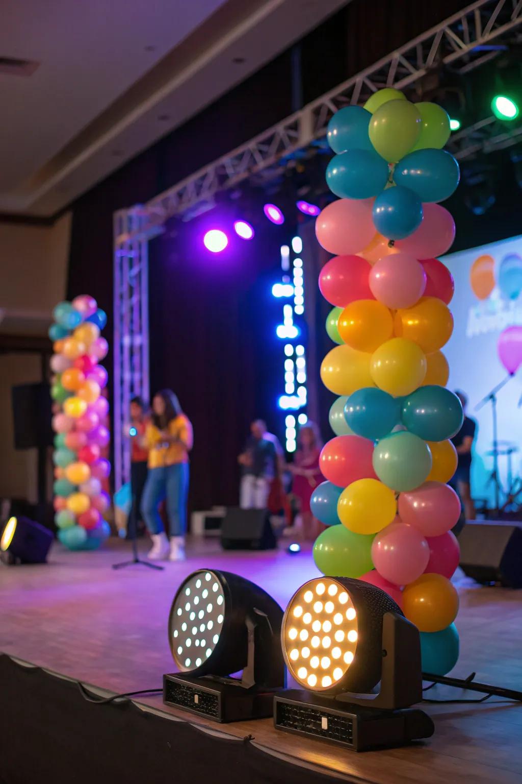 Balloons equipped with LED lights producing a remarkable visual impact on stage.
