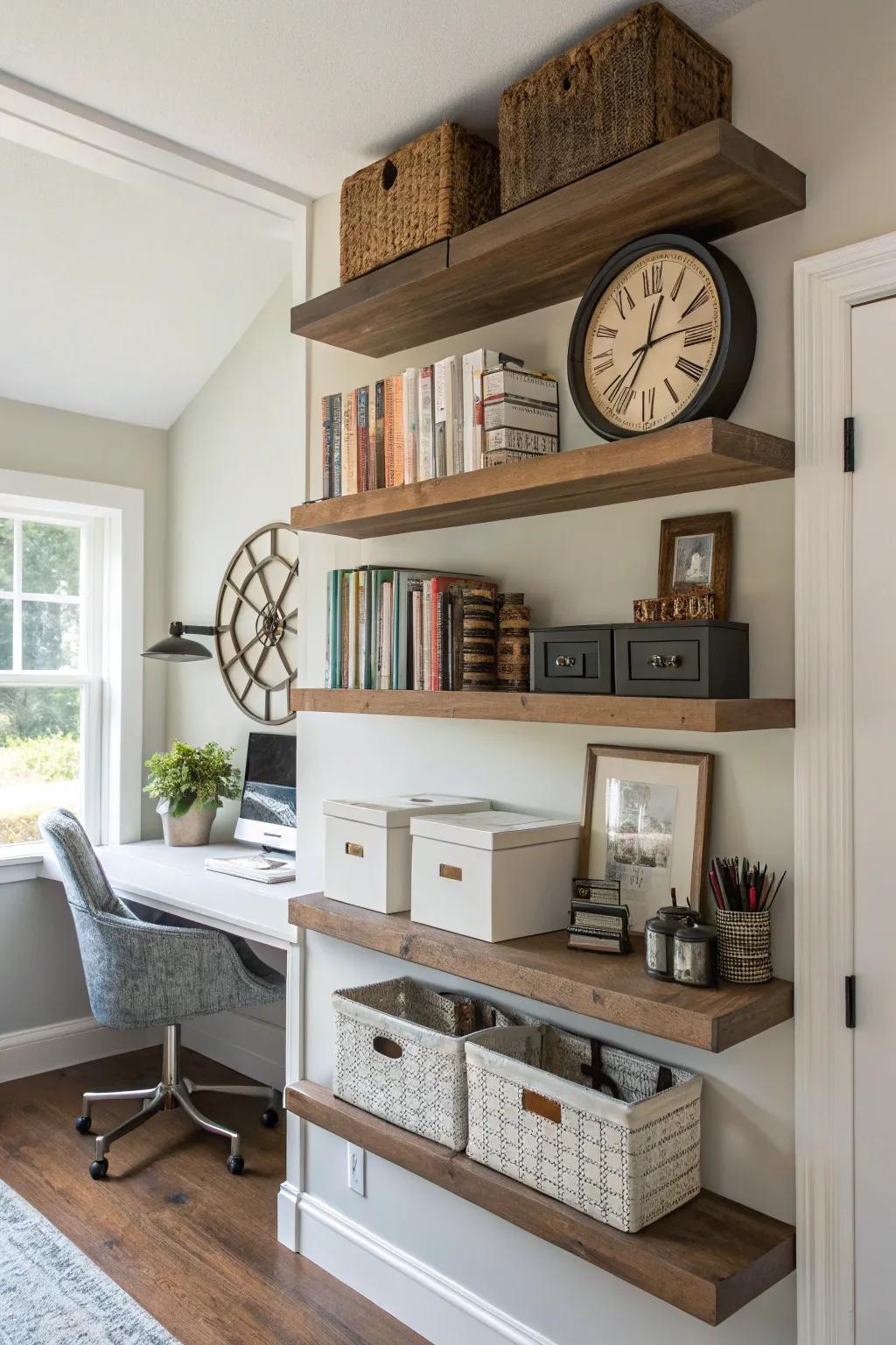 Efficient and stylish office setup with staggered shelving.