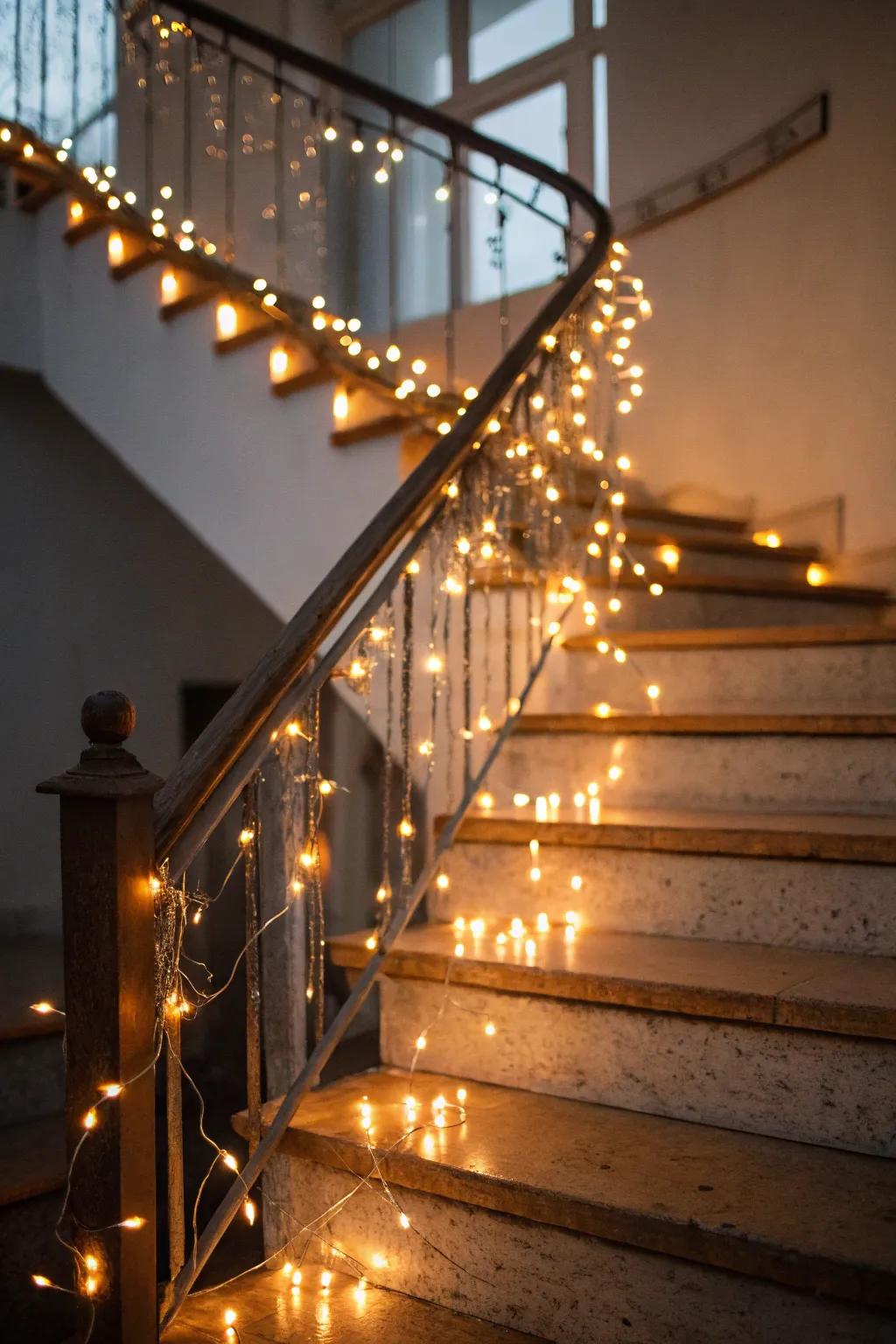 A staircase aglow with shimmering fairy lights.