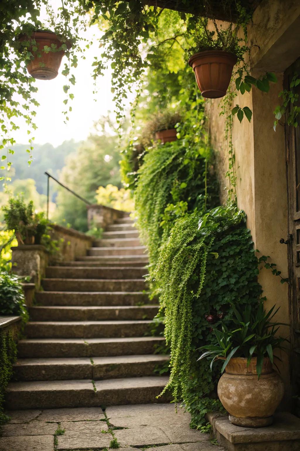 Bring the freshness of nature to your staircase with some greenery.