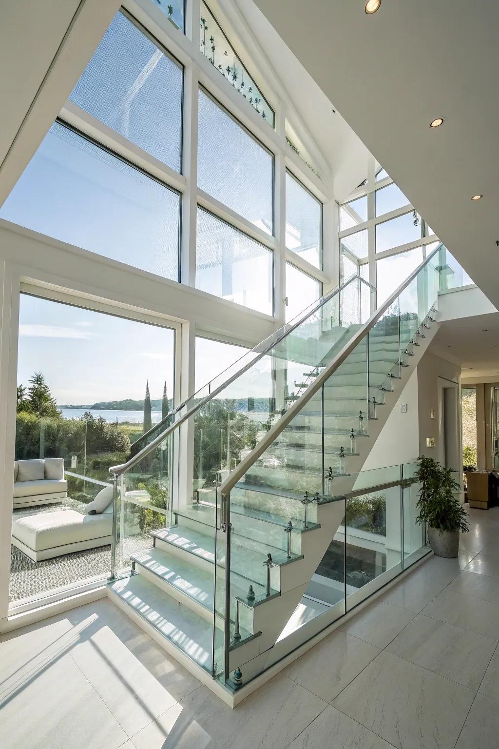 Glass siding permits more light to cascade through this graceful staircase.