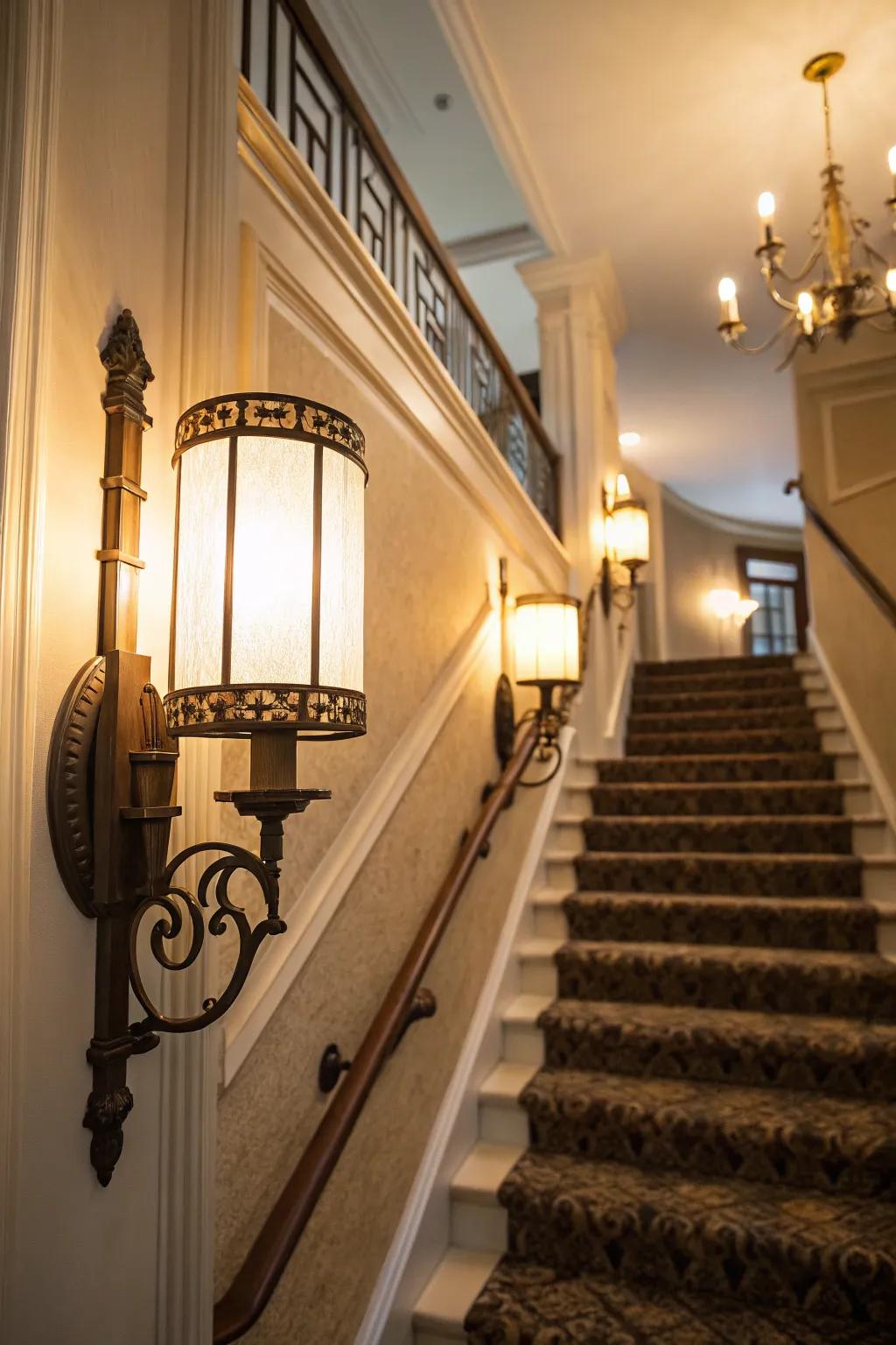 Wall-mounted lights infuse the stairway with warmth and style.