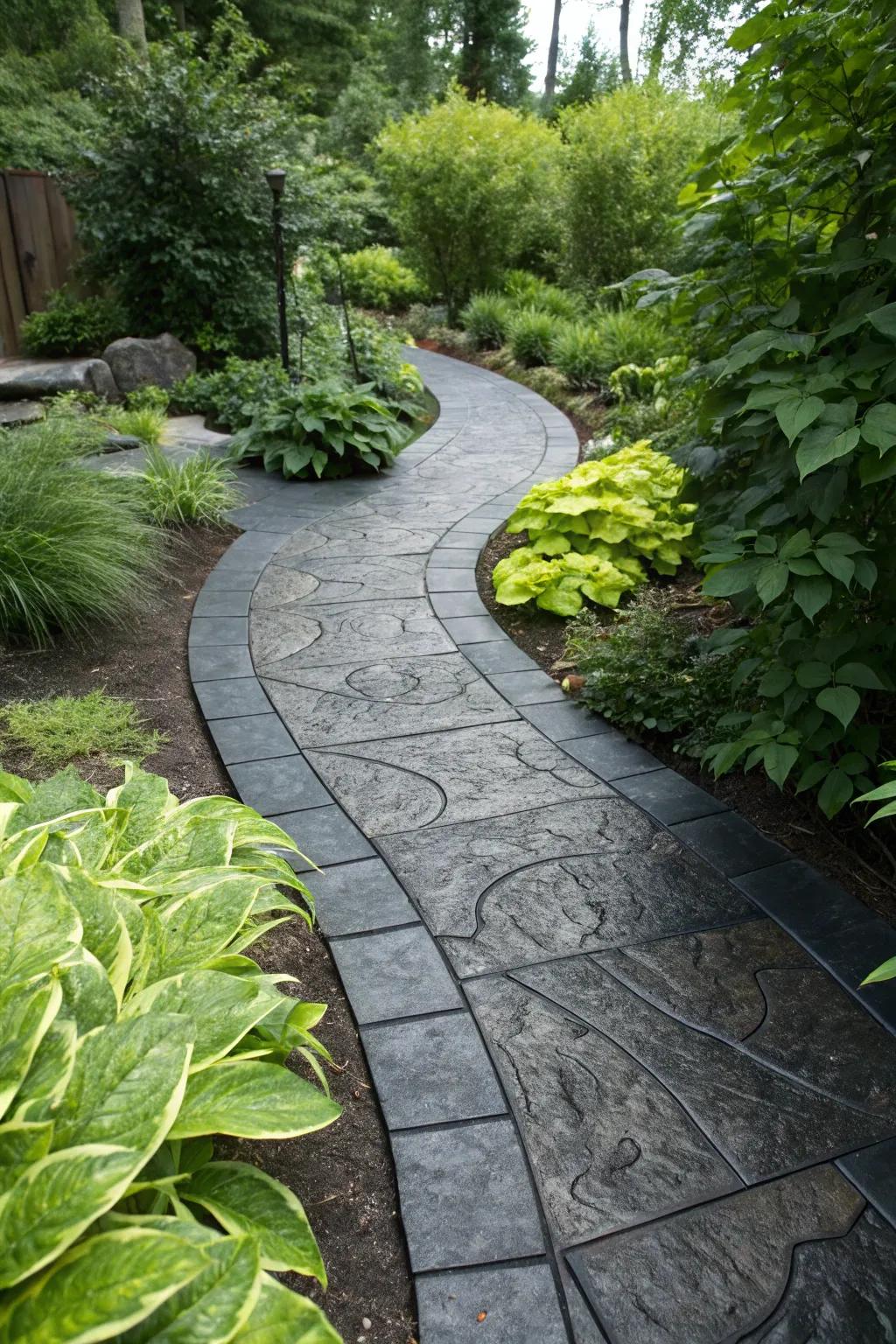 Charcoal features introduce a bold element to this garden walkway.