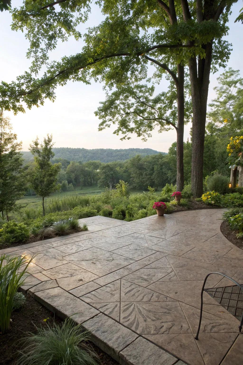 A stamped concrete patio that harmonizes with its natural environment.