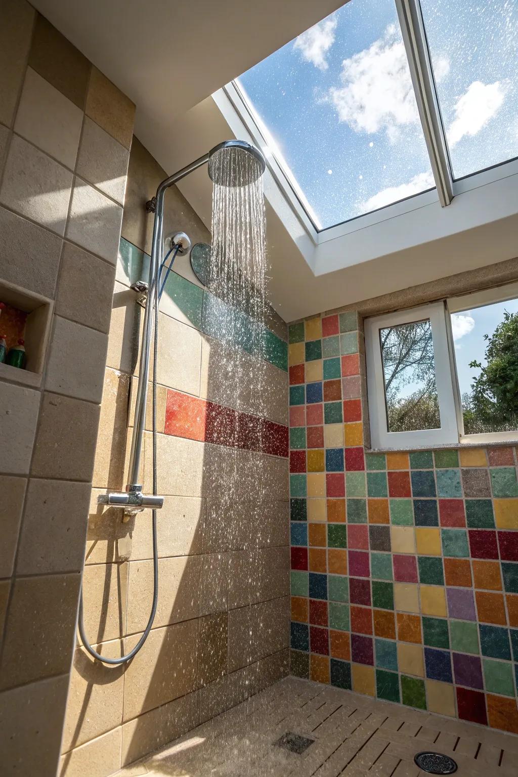 Natural light streams into a standup shower, fostering a cozy and welcoming ambiance.
