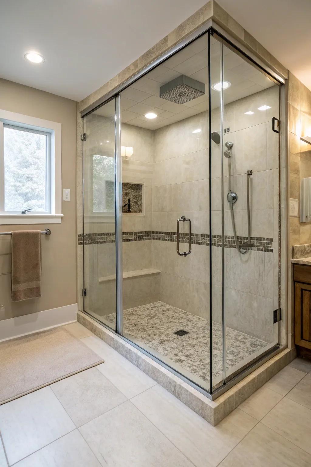 A barrier-free, step-down walk-in shower showcasing a smooth and transparent design.
