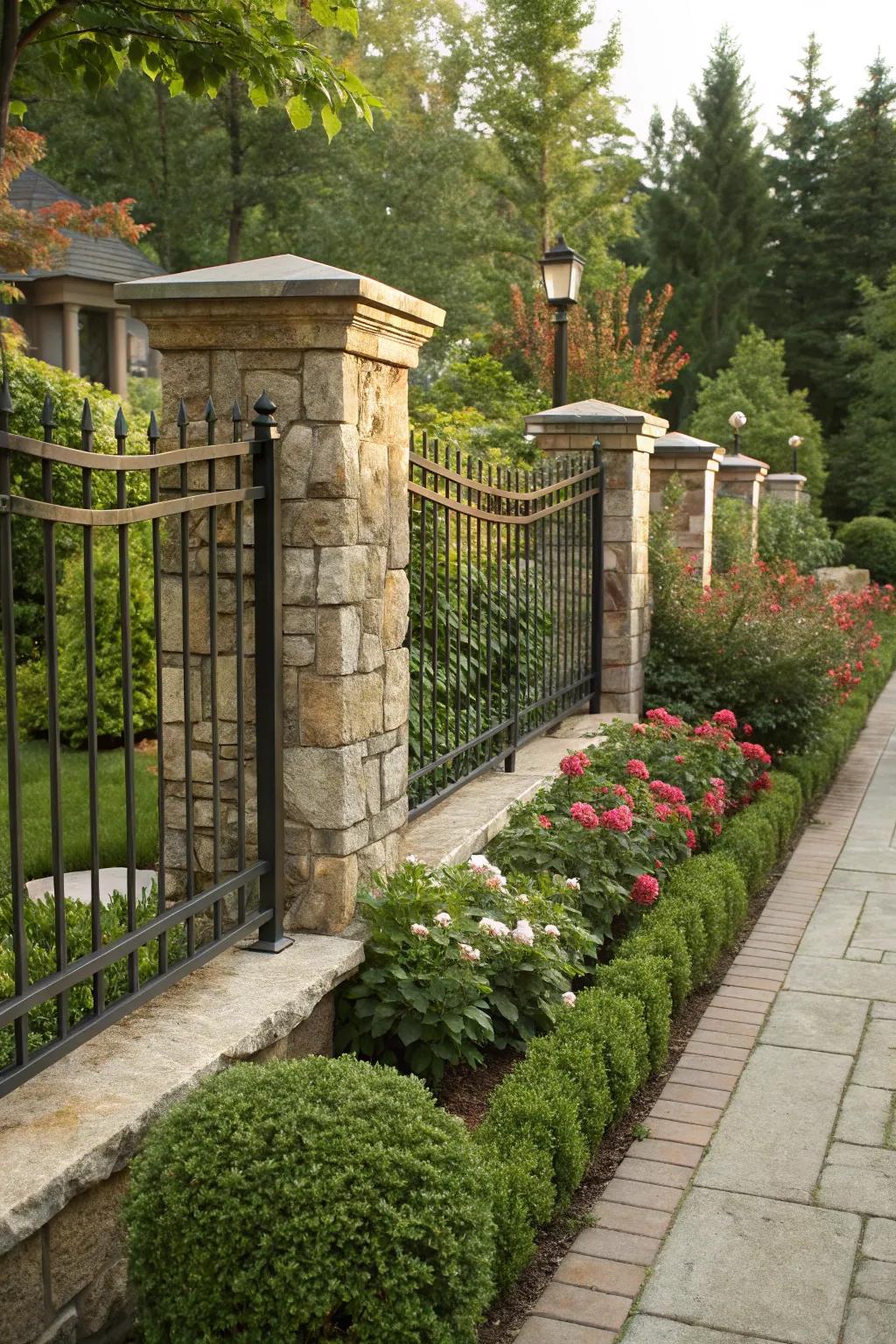 A stone and iron fence smoothly incorporated with its garden landscaping.