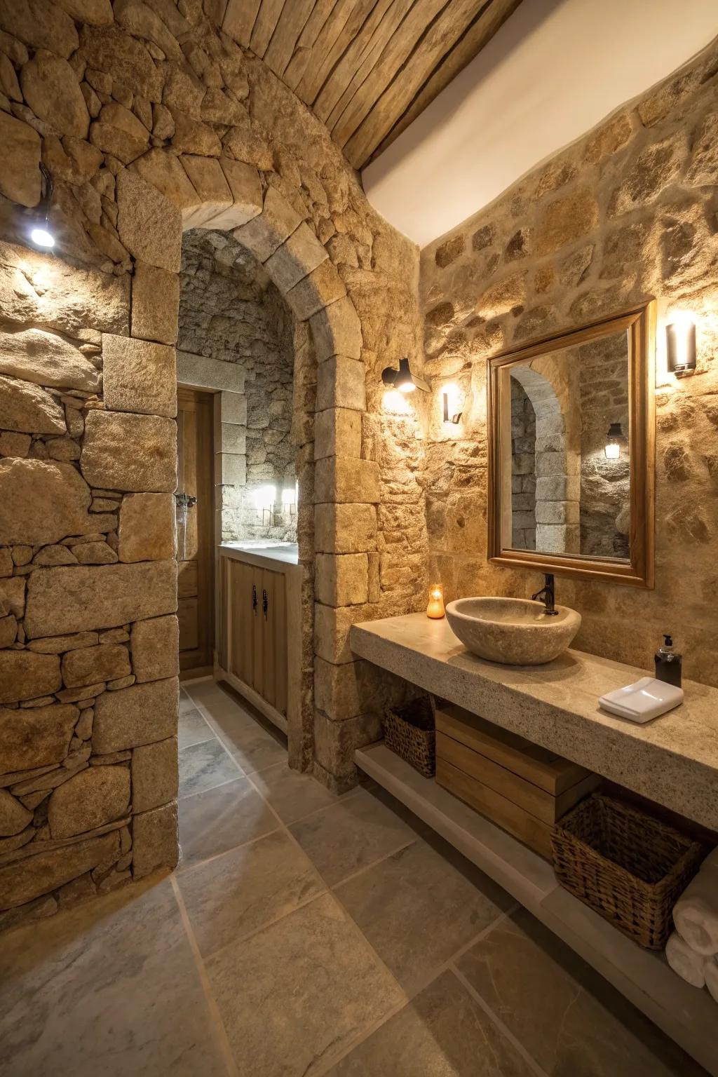 Mood lighting emphasizes the textures within this stone bathroom.