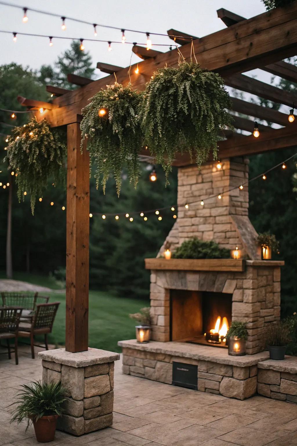 A shelter-covered fireplace provides a cozy retreat.