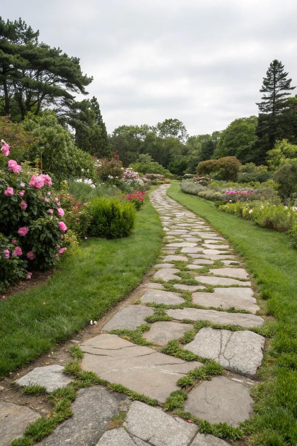 Turf among stones fashions a harmonious confluence of nature and layout.