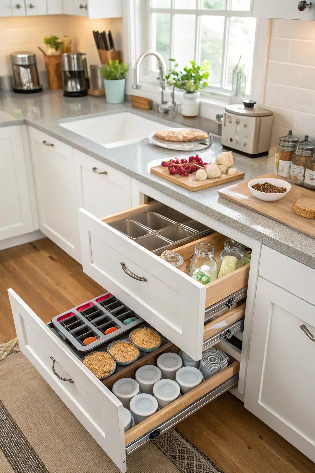 A kitchen is neatly arranged with pull-out shelves.