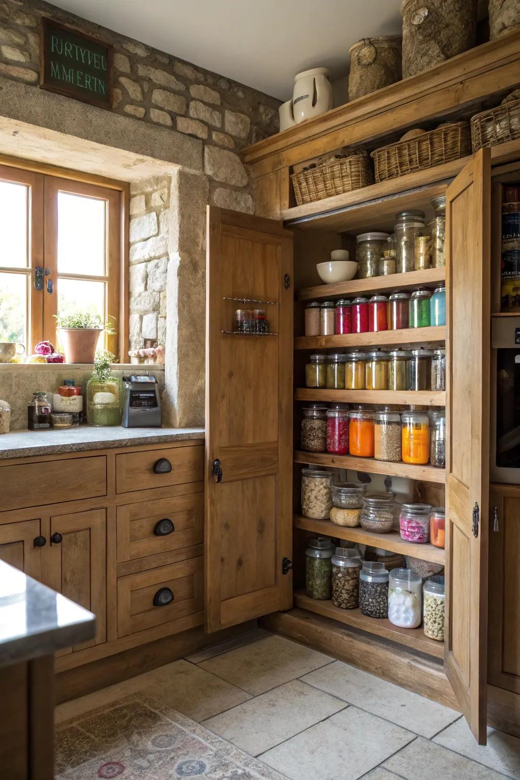 Containers and jars are neatly arranged in an open pantry.