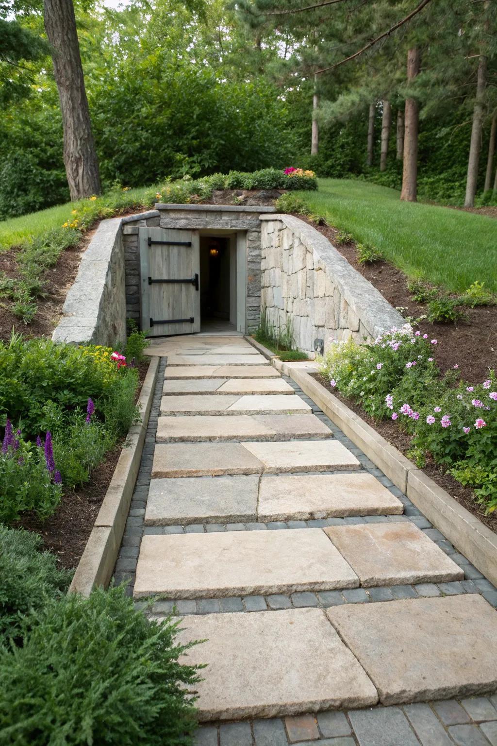Stone walkways present a stylish and accessible approach to your storm shelter.